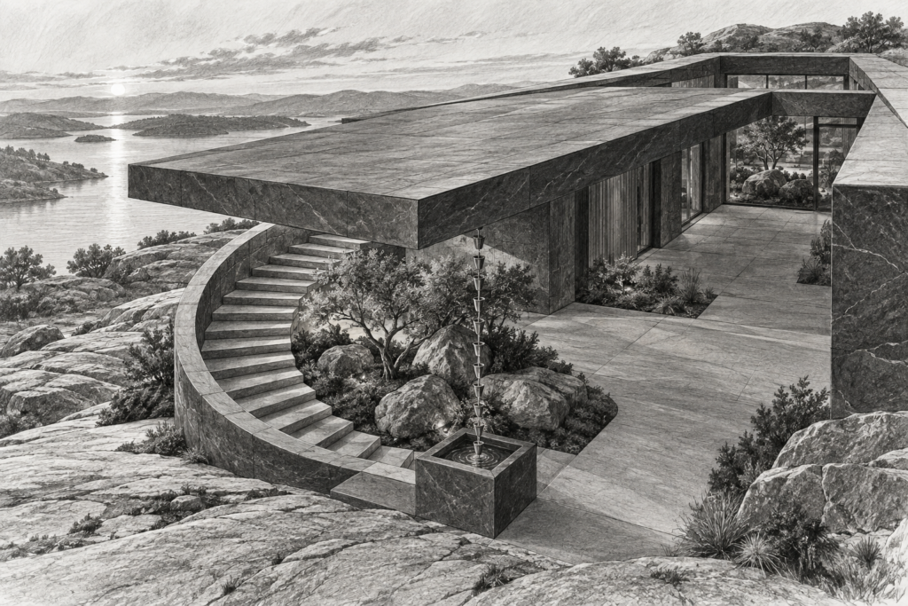 Luxury Real Estate Seo Strategies For Brokerage-Scale Growth 1 Granite residence with a cantilevered roof and semicircular garden stair.