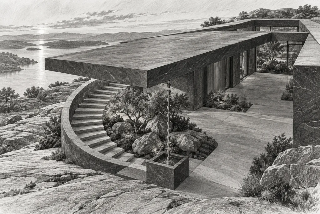 Granite residence with a cantilevered roof and semicircular garden stair.