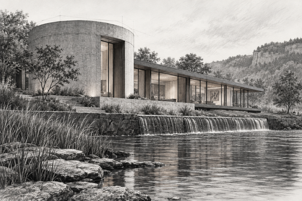 Client-Centric Operations For Luxury Real Estate Teams: The Blueprint 1 River edge residence with a circular concrete drum, glazed gallery and stone weir.
