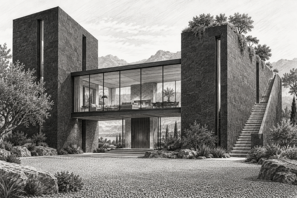 Residence with a glazed living bar between two tall stone bookends.