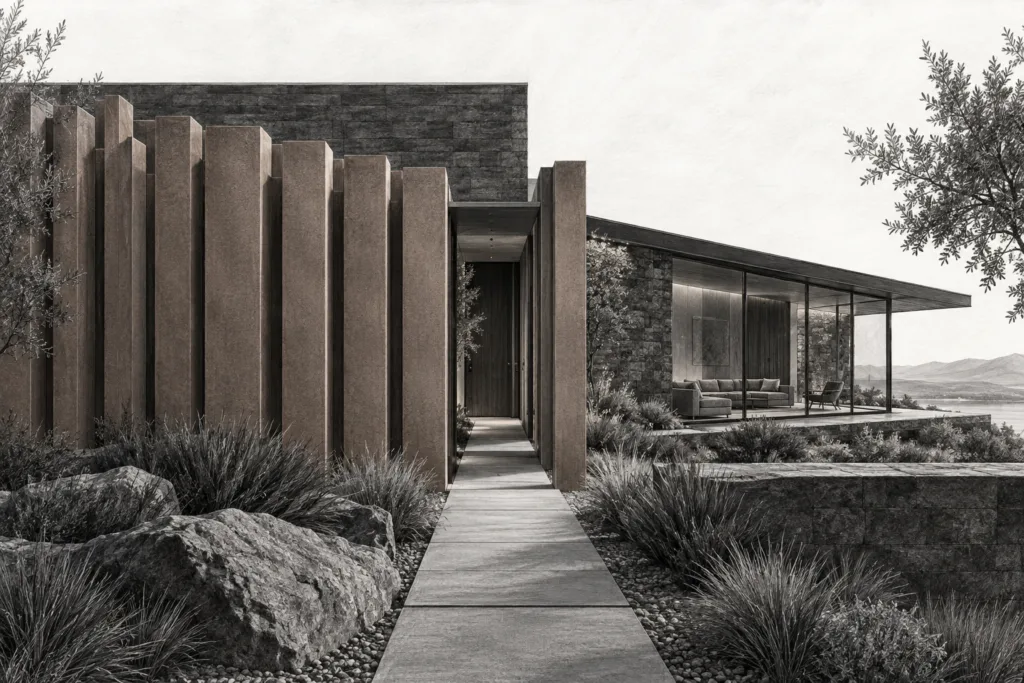 Luxury Real Estate Sales Process: Build Invisible, Frictionless Deals 1 Stone residence behind a staggered screen with one entry cut.