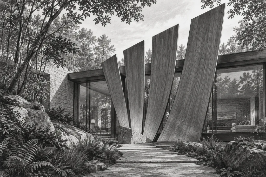 Forest-edge residence screened by five timber fins around a glazed volume.