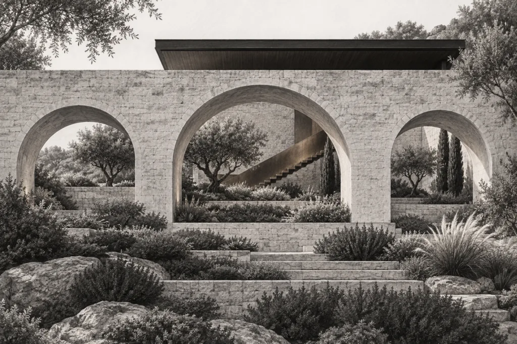 Luxury Real Estate Agent Retention Strategies Beyond Bonuses 1 Hillside limestone residence with three deep arches and a stair behind the wall.
