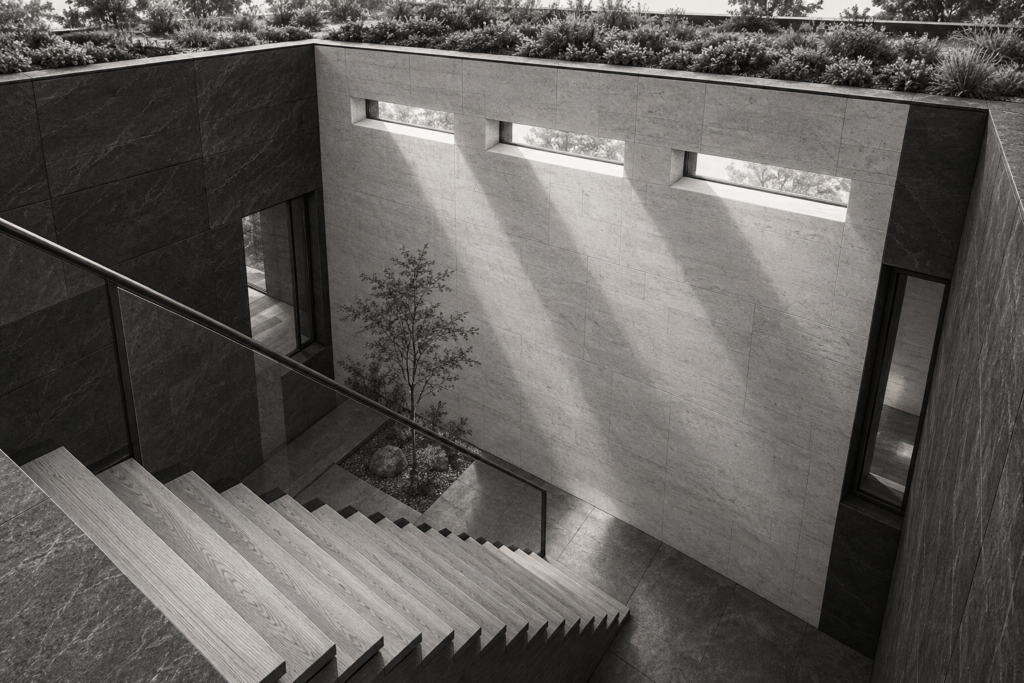 Basalt residence with a diagonal stair descending into a narrow lightwell.