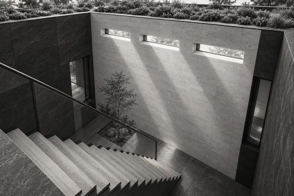 Hidden Metrics: Luxury Real Estate Operational Kpis That Scale 1 Basalt residence with a diagonal stair descending into a narrow lightwell.