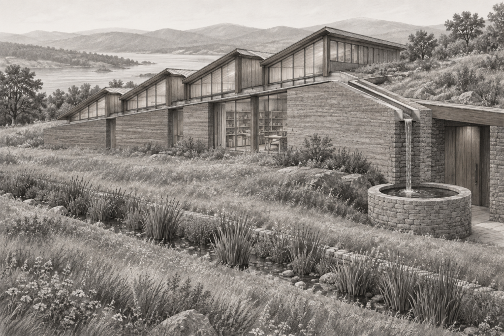 Rammed-earth residence with sawtooth northlights, a rain channel and a stone cistern.