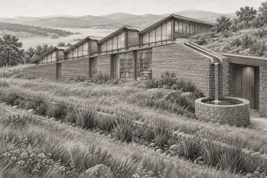 Rammed-earth residence with sawtooth northlights, a rain channel and a stone cistern.
