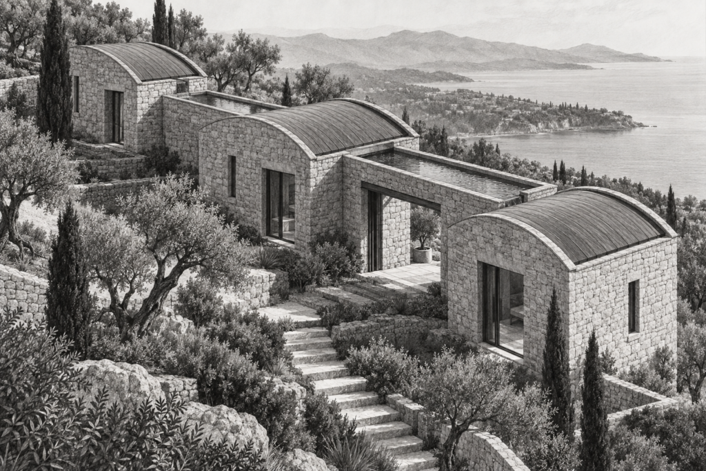 Emerging European Luxury Markets 2025: Expansion Playbook 1 Hillside villa of masonry bays linked beneath a long roof.