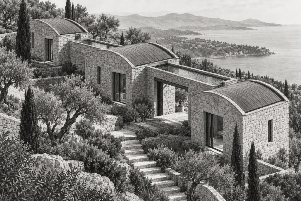 Emerging European Luxury Markets 2025: Expansion Playbook 1 Hillside villa of masonry bays linked beneath a long roof.