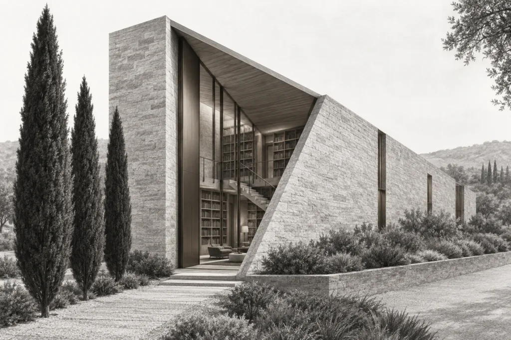 Luxury Real Estate Transaction Systems: The Transaction Velocity Blueprint 1 Stone residence with a wedge-cut opening revealing a double-height library and stair.