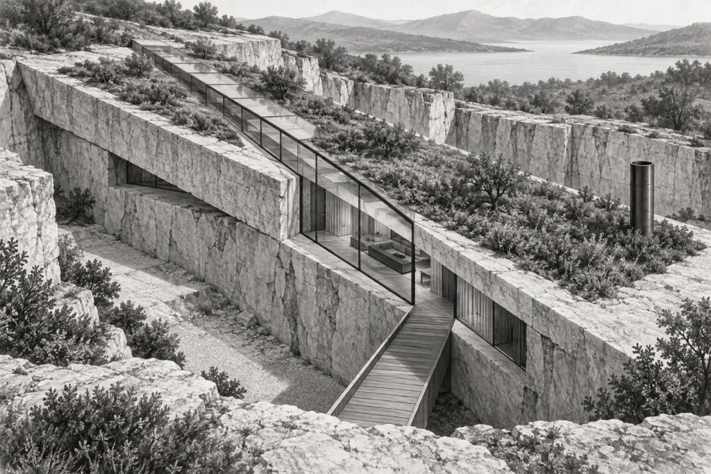 Luxury Real Estate Financial Strategies: Discipline That Scales 1 Limestone residence cut into a quarry beneath a planted roof and glazed spine.
