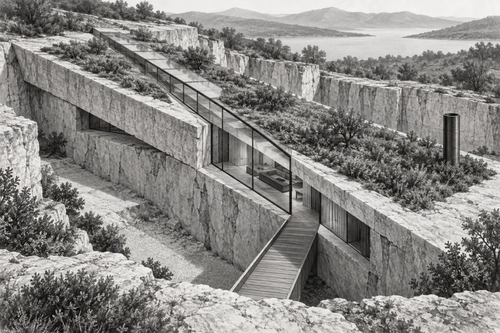 Luxury Real Estate Financial Strategies: Discipline That Scales 1 Limestone residence cut into a quarry beneath a planted roof and glazed spine.