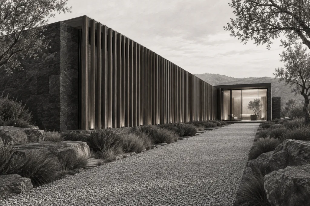 Event-Driven Market Intelligence Luxury Real Estate: Win The Room 1 Dark-stone residence behind a vertical timber screen with one glazed reading bay.