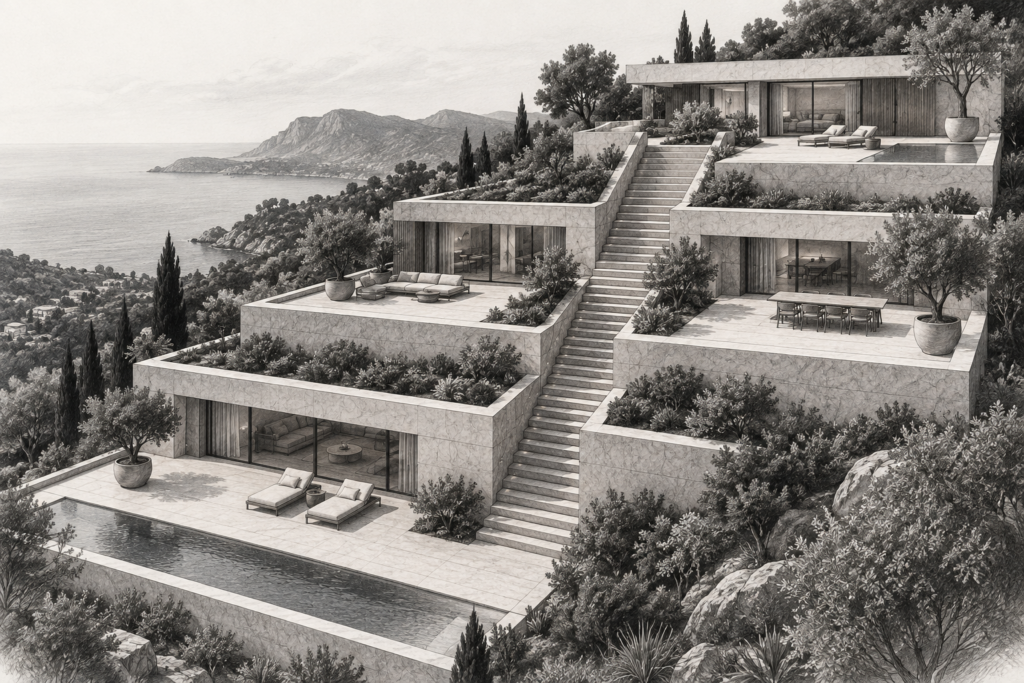 Luxury Real Estate Work-Life Balance: Boundary Systems That Scale 1 Stepped limestone residence with three roof terraces and a central exterior stair cut.