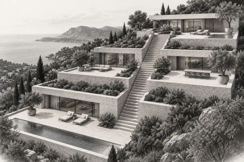 Luxury Real Estate Work-Life Balance: Boundary Systems That Scale 1 Stepped limestone residence with three roof terraces and a central exterior stair cut.