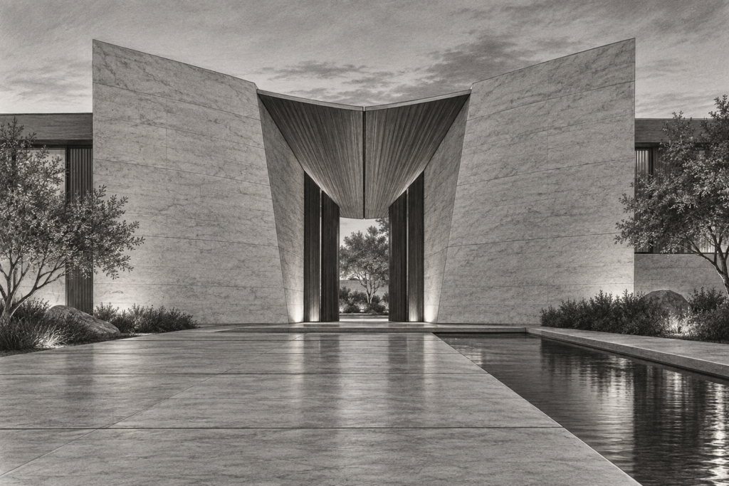 Vendor Communication For Luxury Real Estate Teams: Close Faster 1 Residence with folded limestone planes forming a fan-shaped entry.