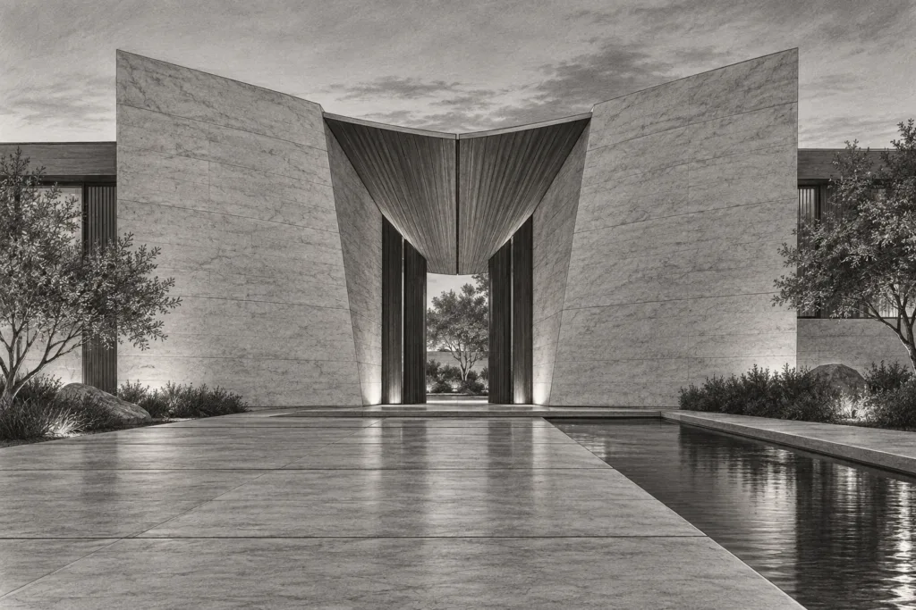 Vendor Communication For Luxury Real Estate Teams: Close Faster 1 Residence with folded limestone planes forming a fan-shaped entry.