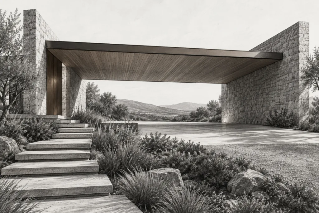 Sustainable Team Scheduling For Real Estate Leaders Without Burnout 1 Residence with a thin timber roof suspended between two stone end walls.