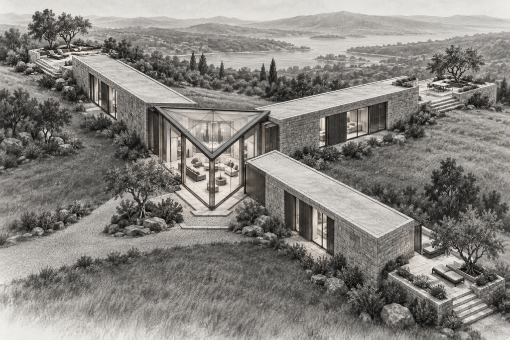Luxury Real Estate Career Strategy: Sustainable Career Architecture 1 Meadow residence with three unequal stone arms around a triangular glazed core.