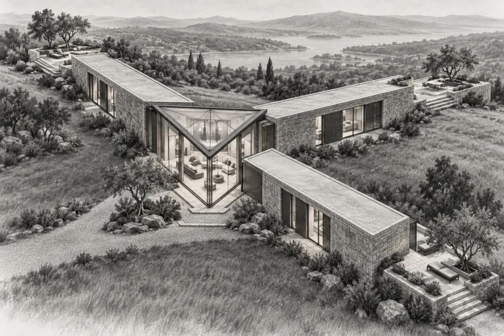 Meadow residence with three unequal stone arms around a triangular glazed core.