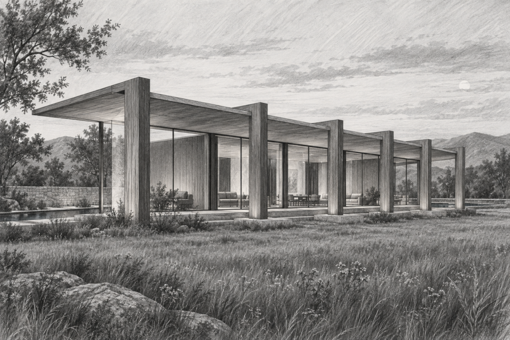 Luxury Real Estate Innovation System: An Agile Blueprint For 2025 1 Meadow residence with timber portal frames beneath a floating roof.