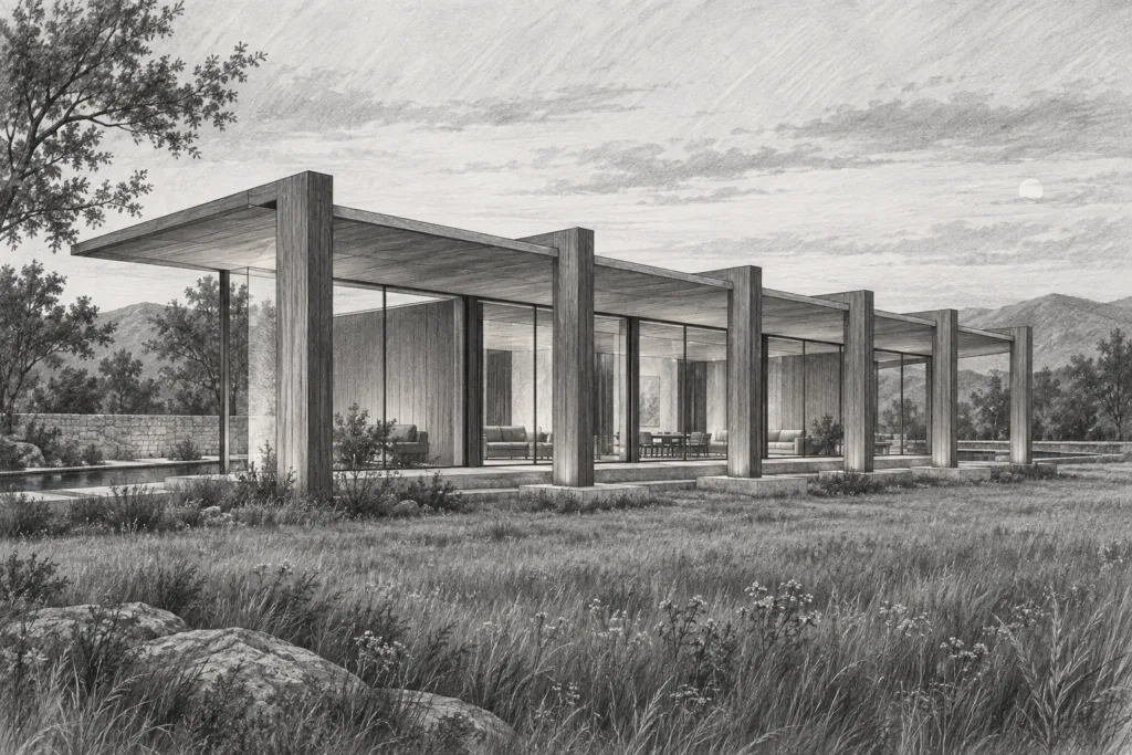 Luxury Real Estate Innovation System: An Agile Blueprint For 2025 1 Meadow residence with timber portal frames beneath a floating roof.