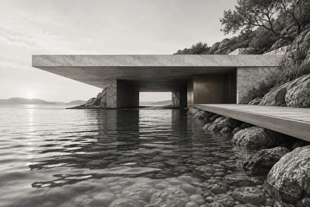 Work-Life Integration For Luxury Real Estate Agents: Peak Performance 1 Limestone residence cantilevered over a pebble shoreline with a recessed undercroft.