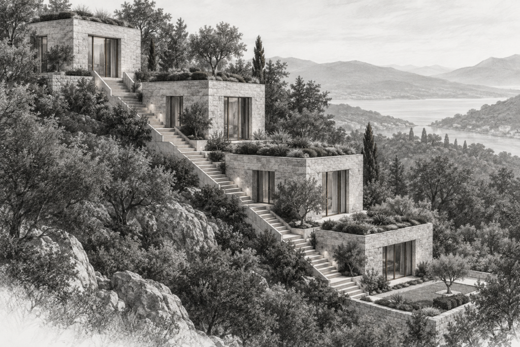 Collaboration Strategies For Luxury Brokerages That Scale Leadership 1 Hillside residence of four offset stone volumes linked by an exterior stair spine.