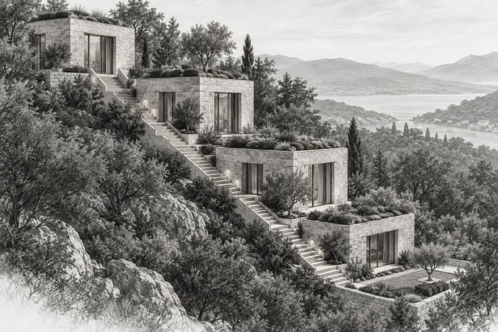Collaboration Strategies For Luxury Brokerages That Scale Leadership 1 Hillside residence of four offset stone volumes linked by an exterior stair spine.