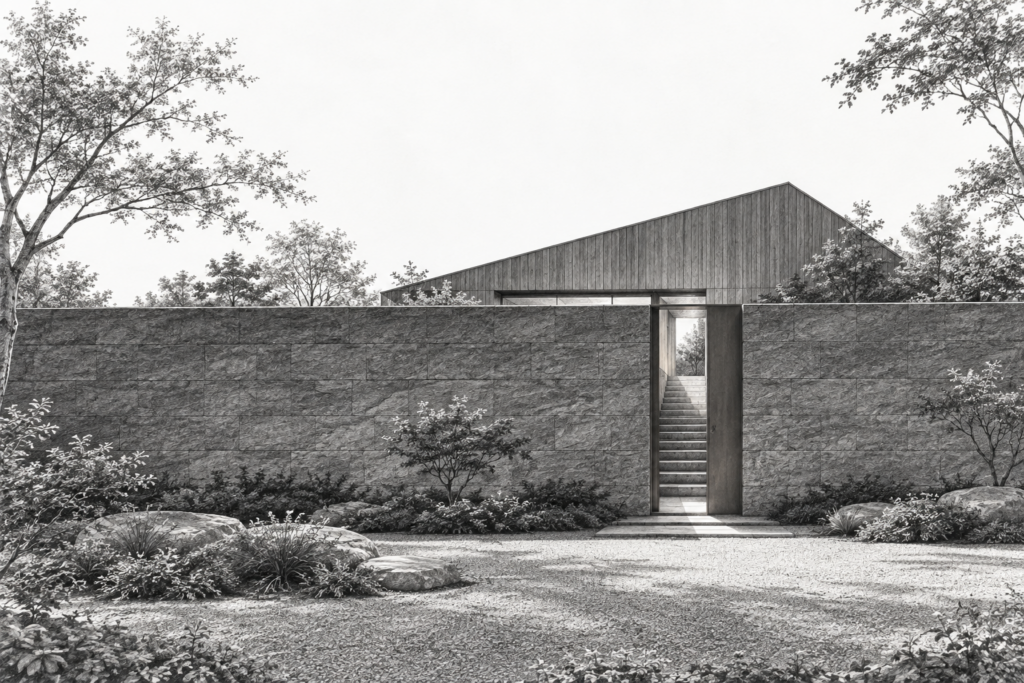 Luxury Real Estate Content Strategy: Weaponize Authority In 2025 1 Stone residence behind a continuous rain wall with a narrow stair opening.