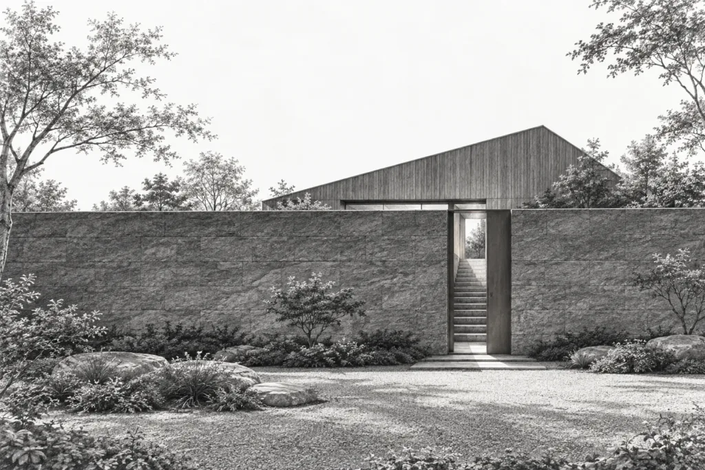 Luxury Real Estate Content Strategy: Weaponize Authority In 2025 1 Stone residence behind a continuous rain wall with a narrow stair opening.