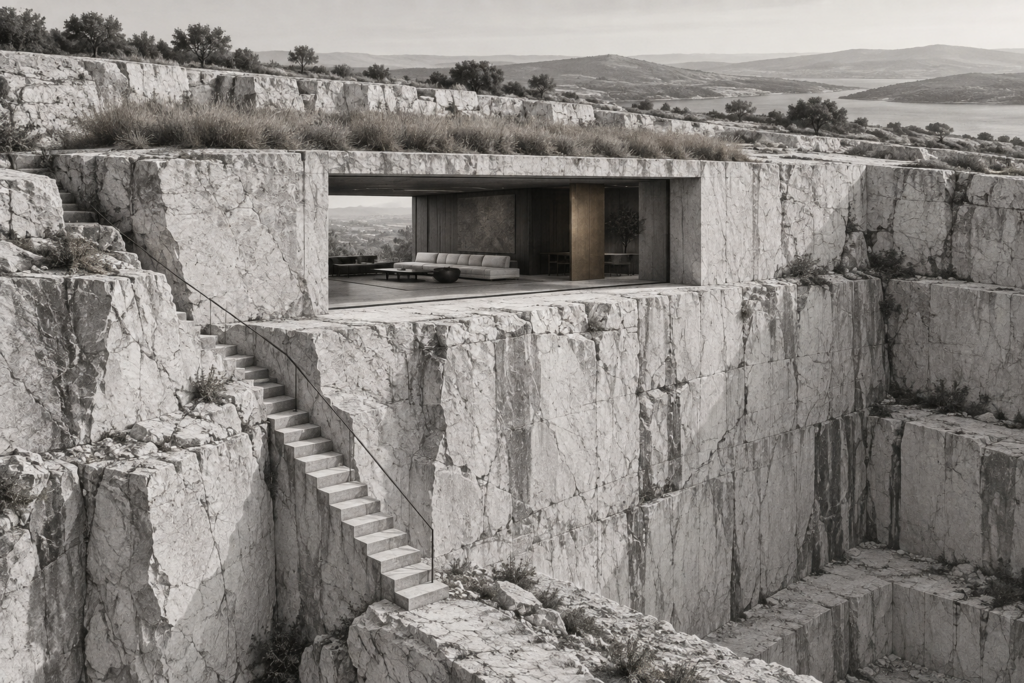 Luxury Real Estate Geographic Targeting: Data-First Territory Control 1 Quarry residence carved into a stone bench with a deep gallery cut and exposed stair.