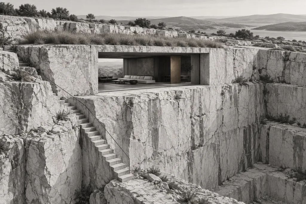 Luxury Real Estate Geographic Targeting: Data-First Territory Control 1 Quarry residence carved into a stone bench with a deep gallery cut and exposed stair.