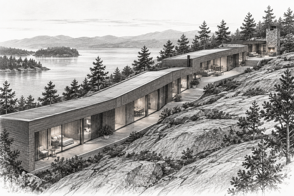 Luxury Real Estate Agent Retention: Incentives Elite Producers Respect 1 Cedar residence tracing a granite slope with a continuous sheltered terrace and stone hearth.