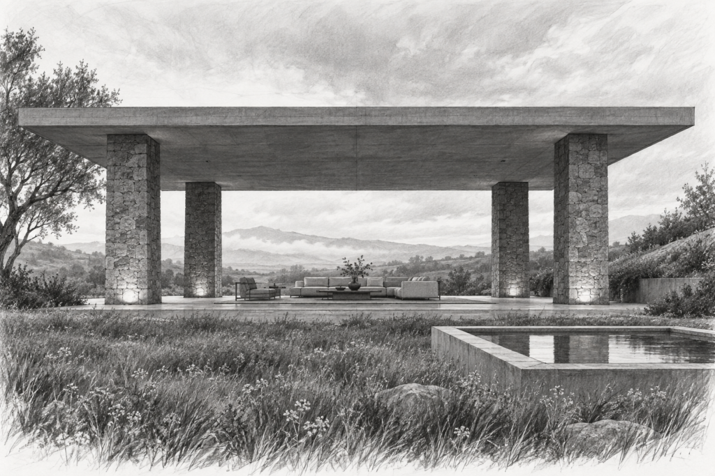 Luxury Real Estate Team Resilience: A 2025 Operator’s Playbook 1 Meadow residence with a concrete roof carried by four stone piers.