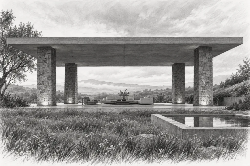 Meadow residence with a concrete roof carried by four stone piers.