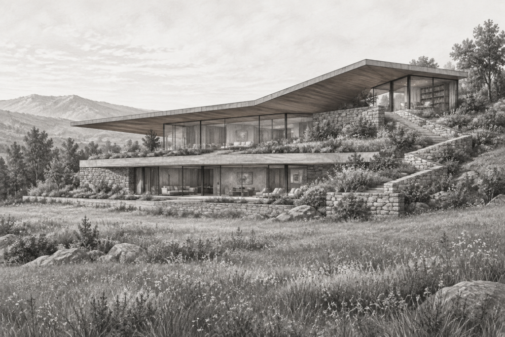 Referral-Driven Luxury Real Estate Team Recruitment That Wins Top Talent 1 Meadow residence with three terraces beneath a broad folded roof and switchback stair.