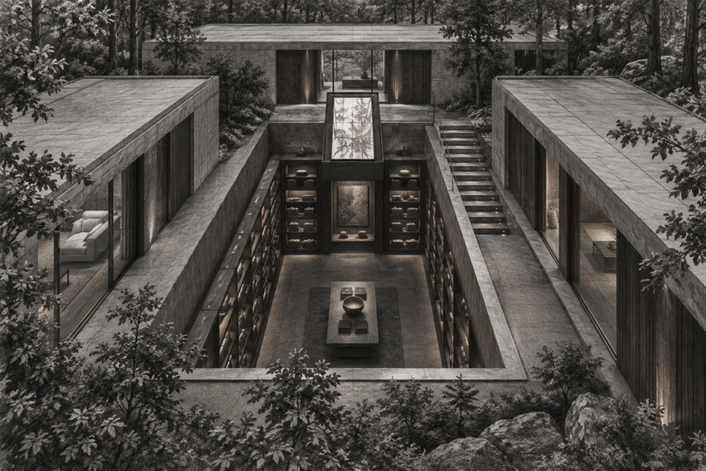 Luxury Real Estate Financing Strategies: The Operator’s Deal-Winning System 1 Forest residence formed around a deep rectangular sunken room and roof lantern.