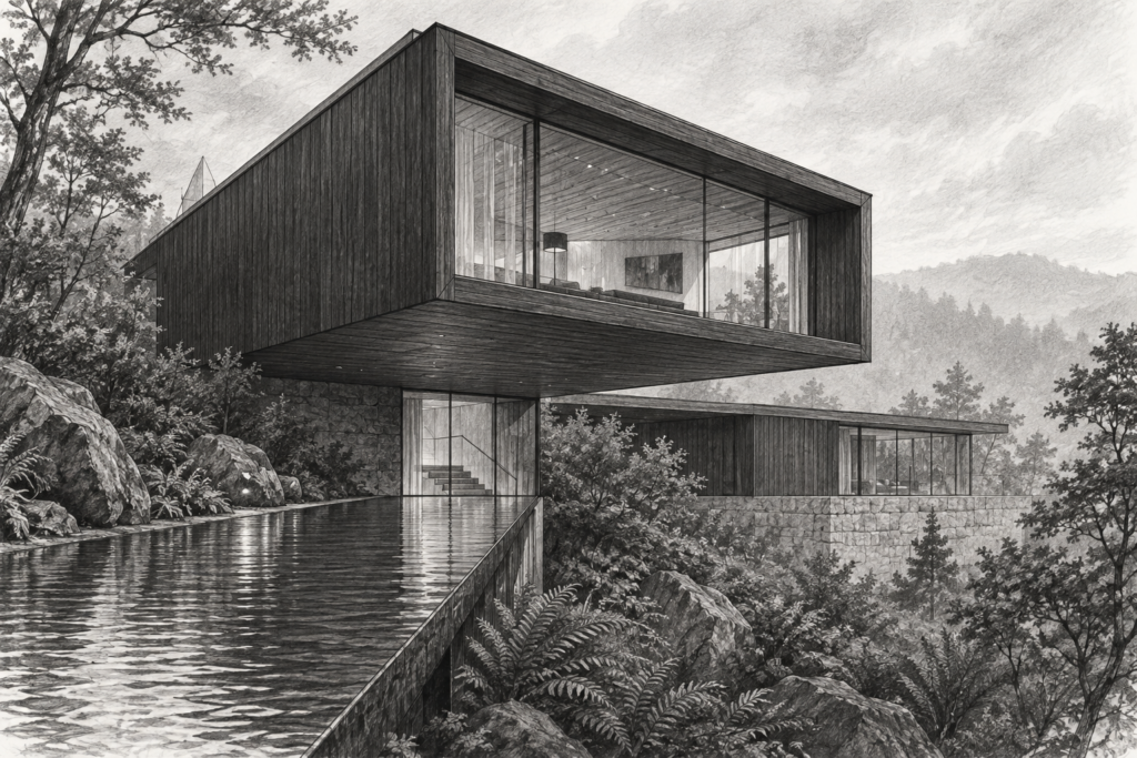 Luxury Real Estate Referral Strategies: Engineer Elite Networks 1 Cedar residence with an upper volume cantilevered above a water shelf.