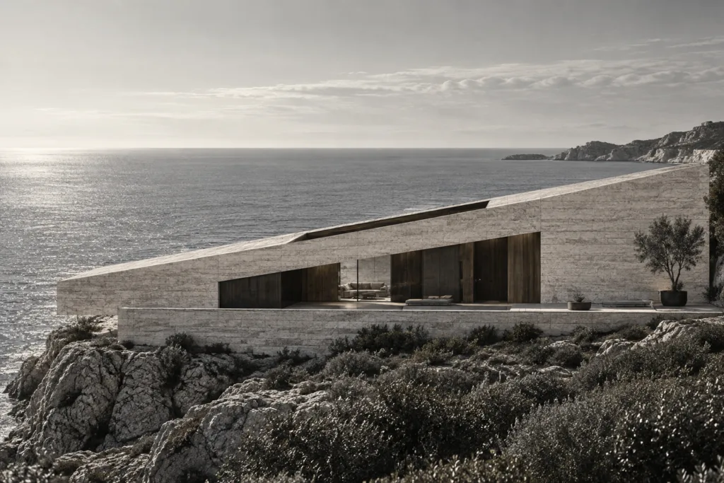 Coastal stone residence with a diagonal roof slot opening to the sea.