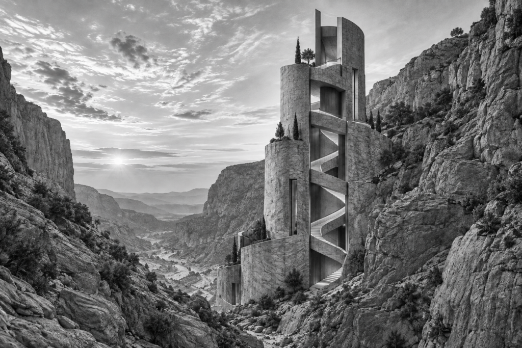 Energy Management For Luxury Real Estate Leaders: Scale Without Burnout 1 Canyon residence built as a terraced stone tower with a continuous spiral ramp.
