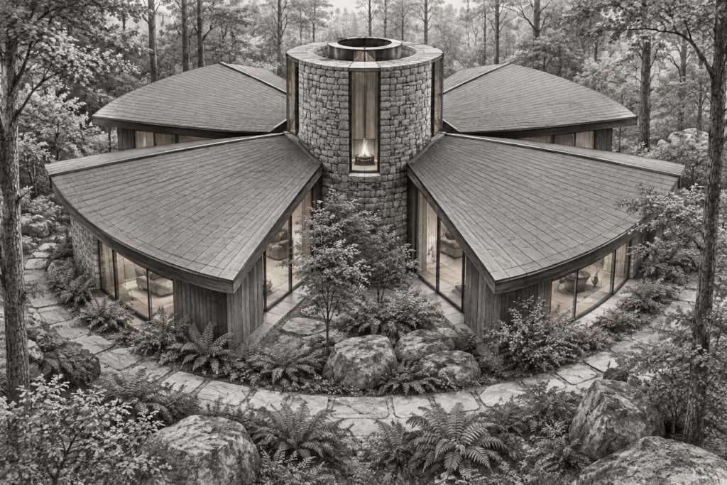 Woodland residence with six radial roof petals around a cylindrical stone hearth tower.