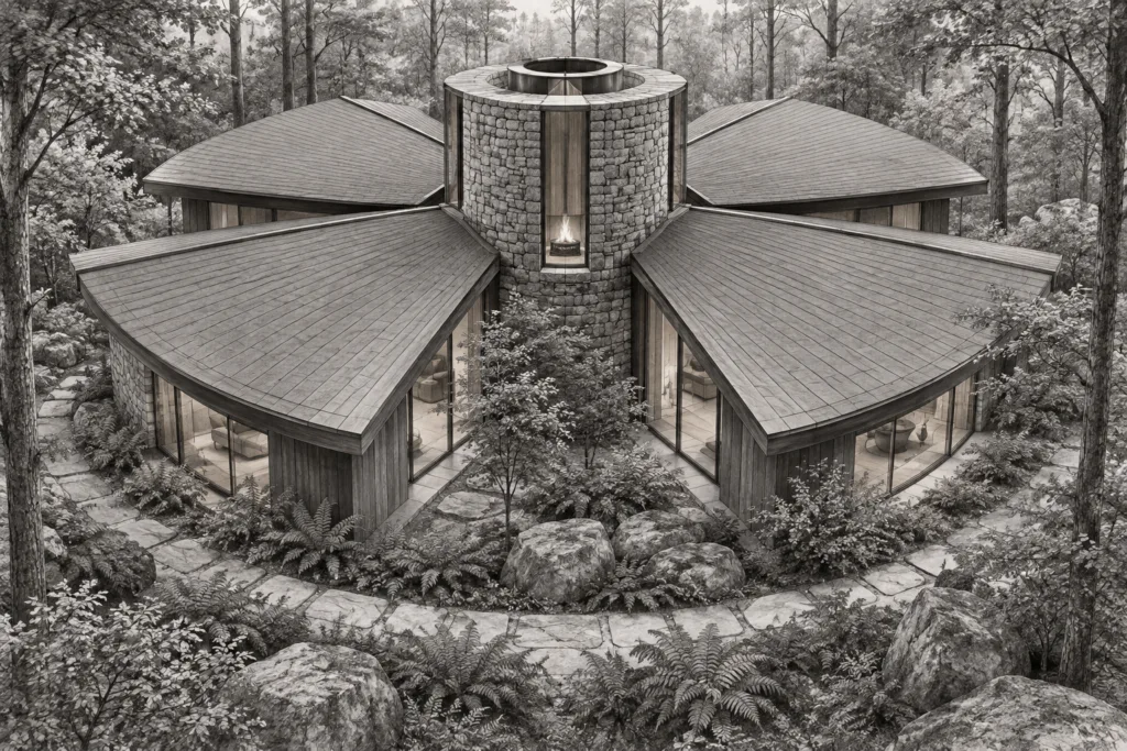 Woodland residence with six radial roof petals around a cylindrical stone hearth tower.