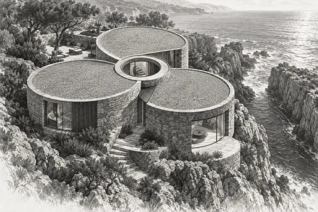 Luxury Real Estate Forecasting Tools: Predict 2025 And Win The Listing 1 Coastal residence of interlocking stone drums around a sea-facing opening.