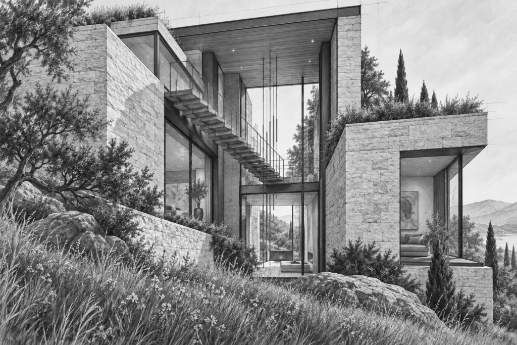 Luxury Real Estate Recruiting Strategies For Brokerage-Scale Growth 1 Hillside residence formed by stepped limestone terraces around a tall atrium and suspended stair.