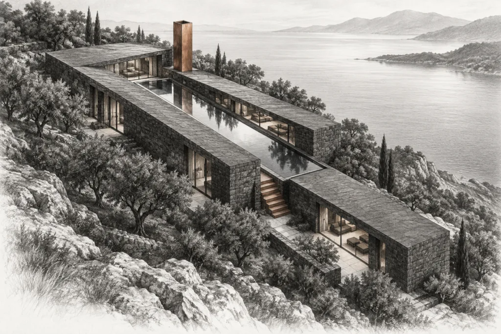 Hillside residence formed by three stone bars around a mirrored water slot.