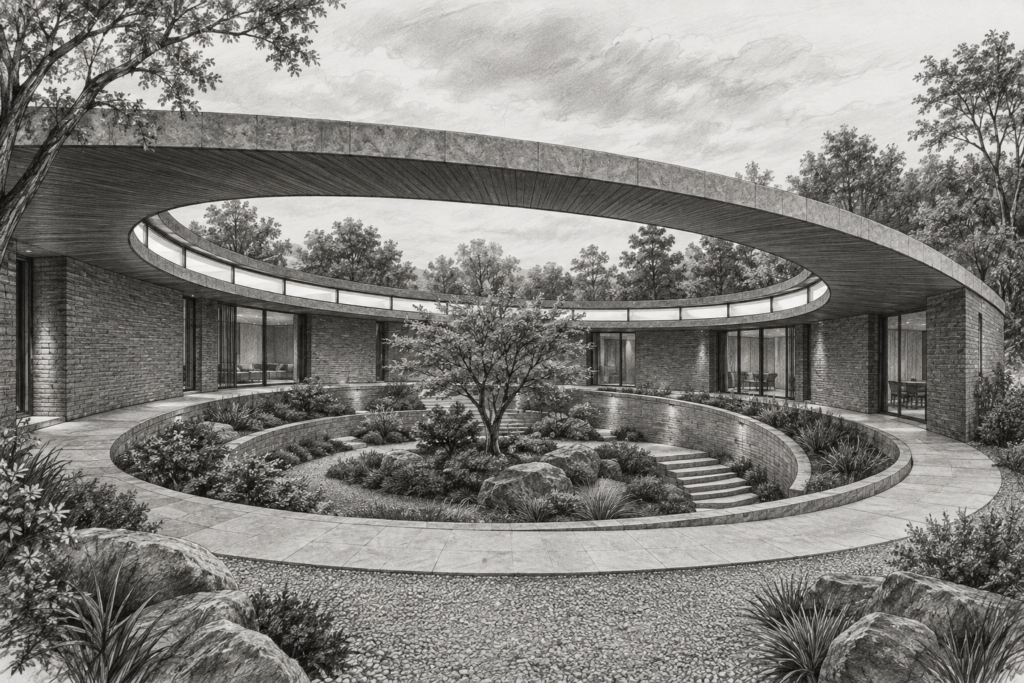 Luxury Real Estate Financial Kpis: Profit-First Metrics Elite Teams Use 1 Single-level residence with an oval roof over a sunken elliptical garden.