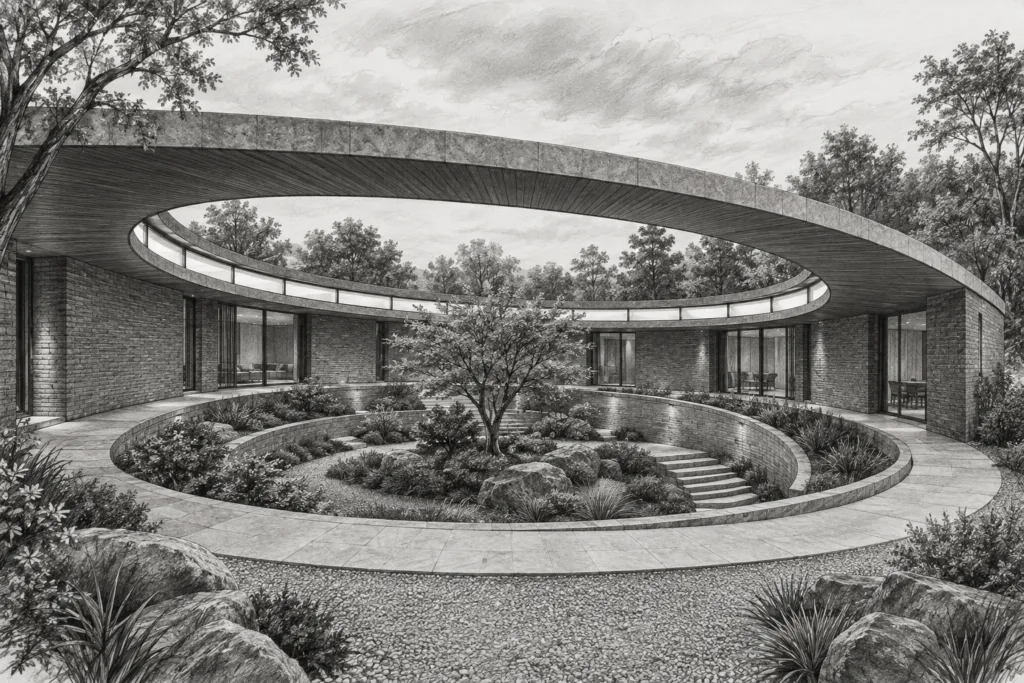 Luxury Real Estate Financial Kpis: Profit-First Metrics Elite Teams Use 1 Single-level residence with an oval roof over a sunken elliptical garden.