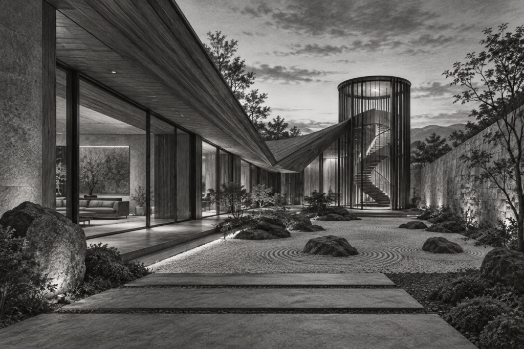 Low residence with a folded timber roof, dry garden passage and bronze lantern stair.