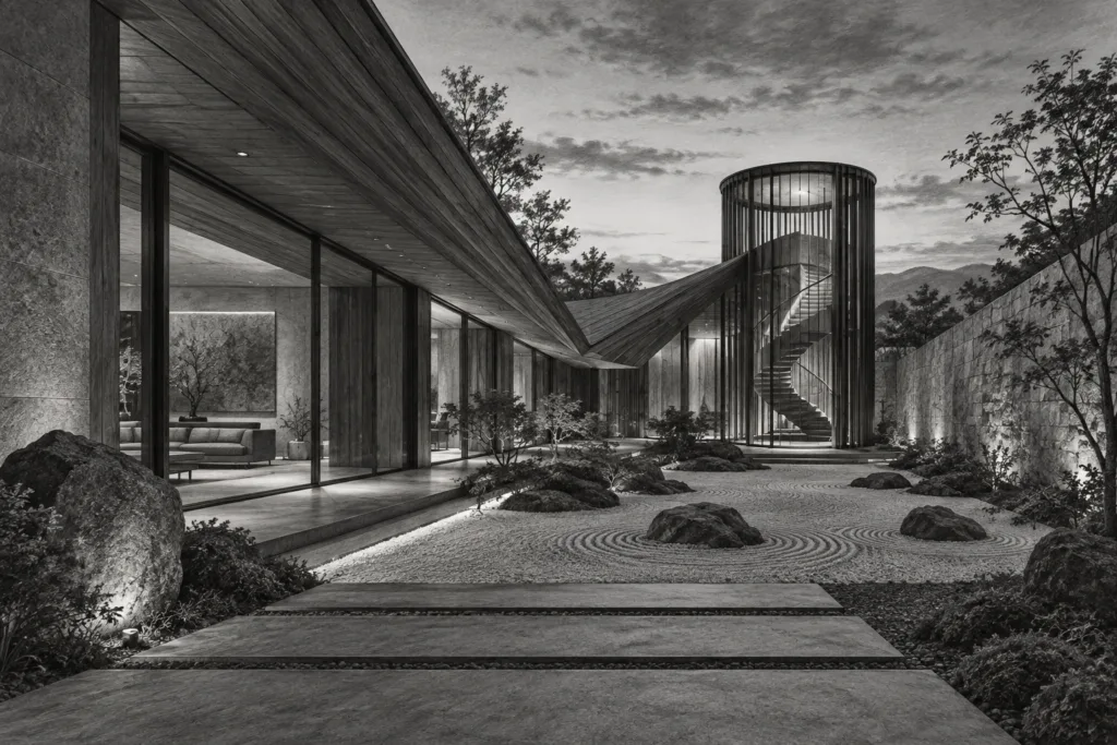 Low residence with a folded timber roof, dry garden passage and bronze lantern stair.